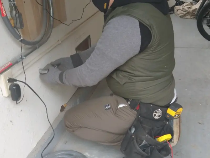Electrician performing outlet wiring in a Mebane garage